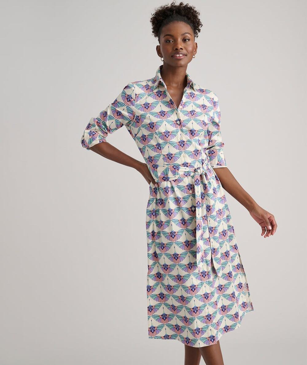 Untuckit Peyton Shirtdress Swan Print Midi 2 Stretchy Cotton Belted Button Prep - Picture 1 of 6